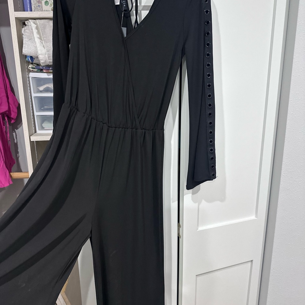 Ariella Black Long Sleeve V-Neck Jumpsuit with Eyelet Sleeve Detail